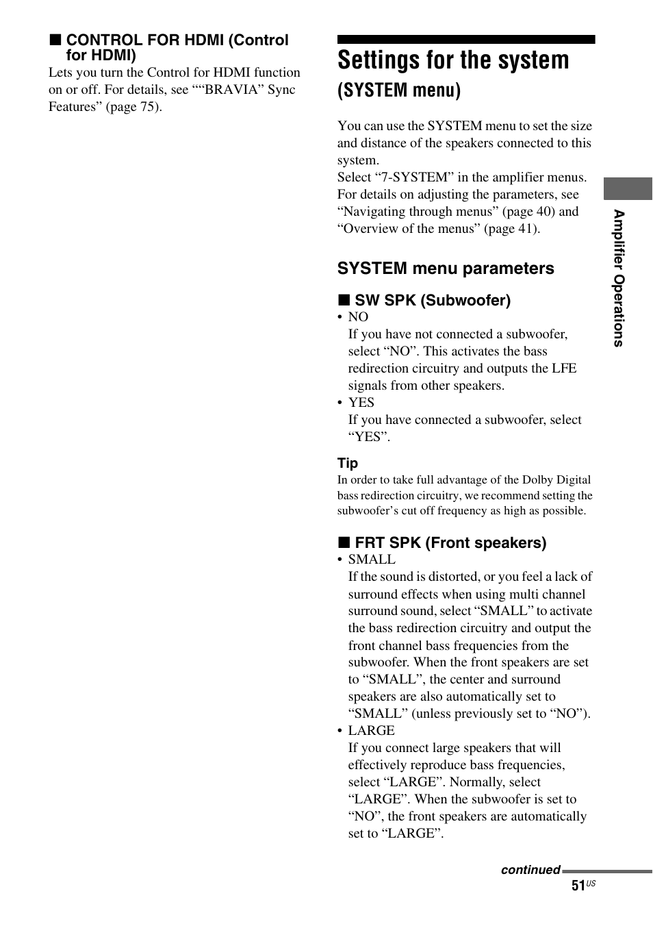 Settings for the system (system menu), Settings for the system, System menu) | Sony STR-DH700 User Manual | Page 51 / 108