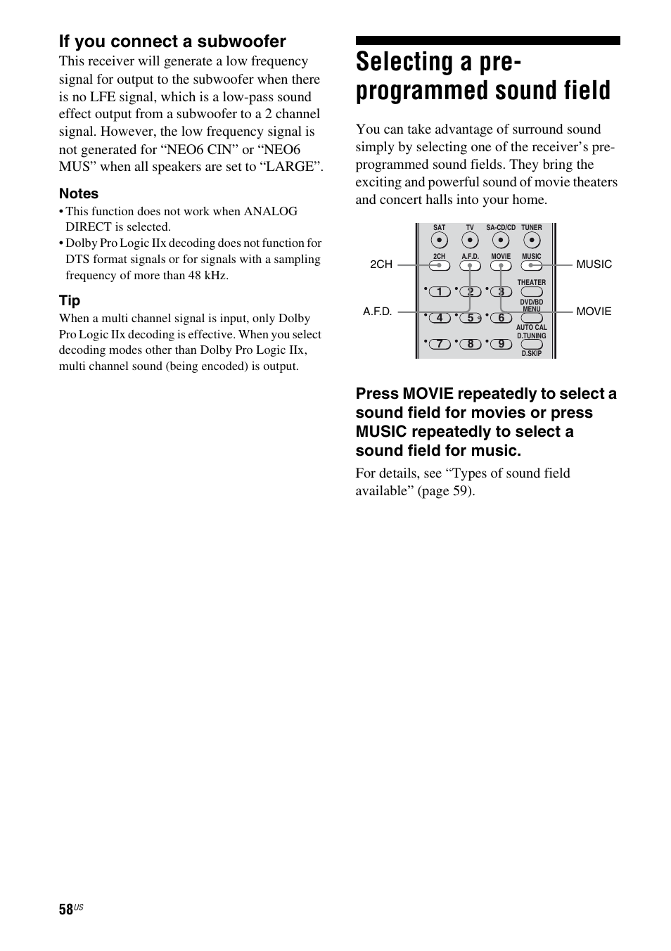 Selecting a pre- programmed sound field, Selecting a pre-programmed sound field, If you connect a subwoofer | Sony STR-DH700 User Manual | Page 58 / 108