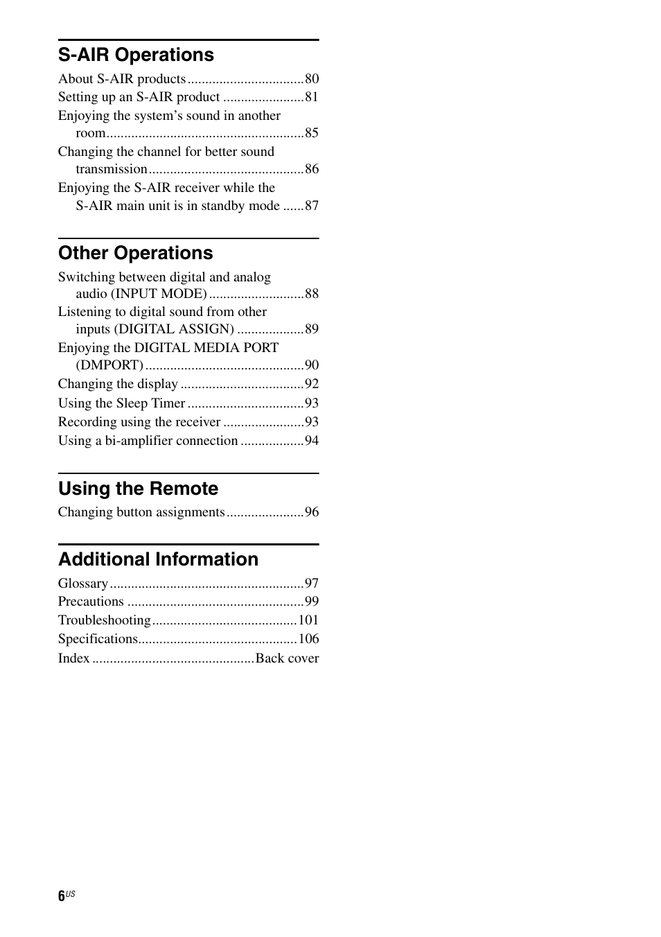 S-air operations, Other operations, Using the remote | Additional information | Sony STR-DH700 User Manual | Page 6 / 108
