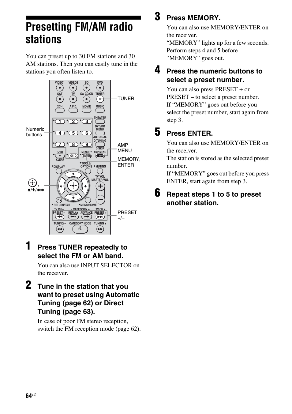 Presetting fm/am radio stations, Press tuner repeatedly to select the fm or am band, Press enter | Repeat steps 1 to 5 to preset another station, You can also use input selector on the receiver | Sony STR-DH700 User Manual | Page 64 / 108