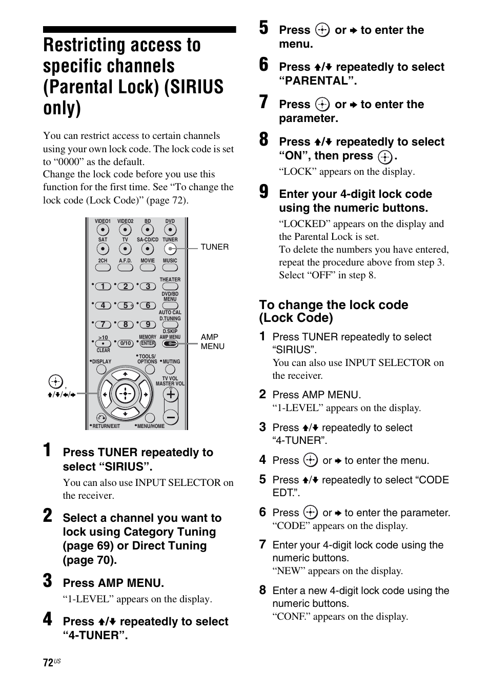 Restricting access to specific channels, Parental lock) (sirius only) | Sony STR-DH700 User Manual | Page 72 / 108