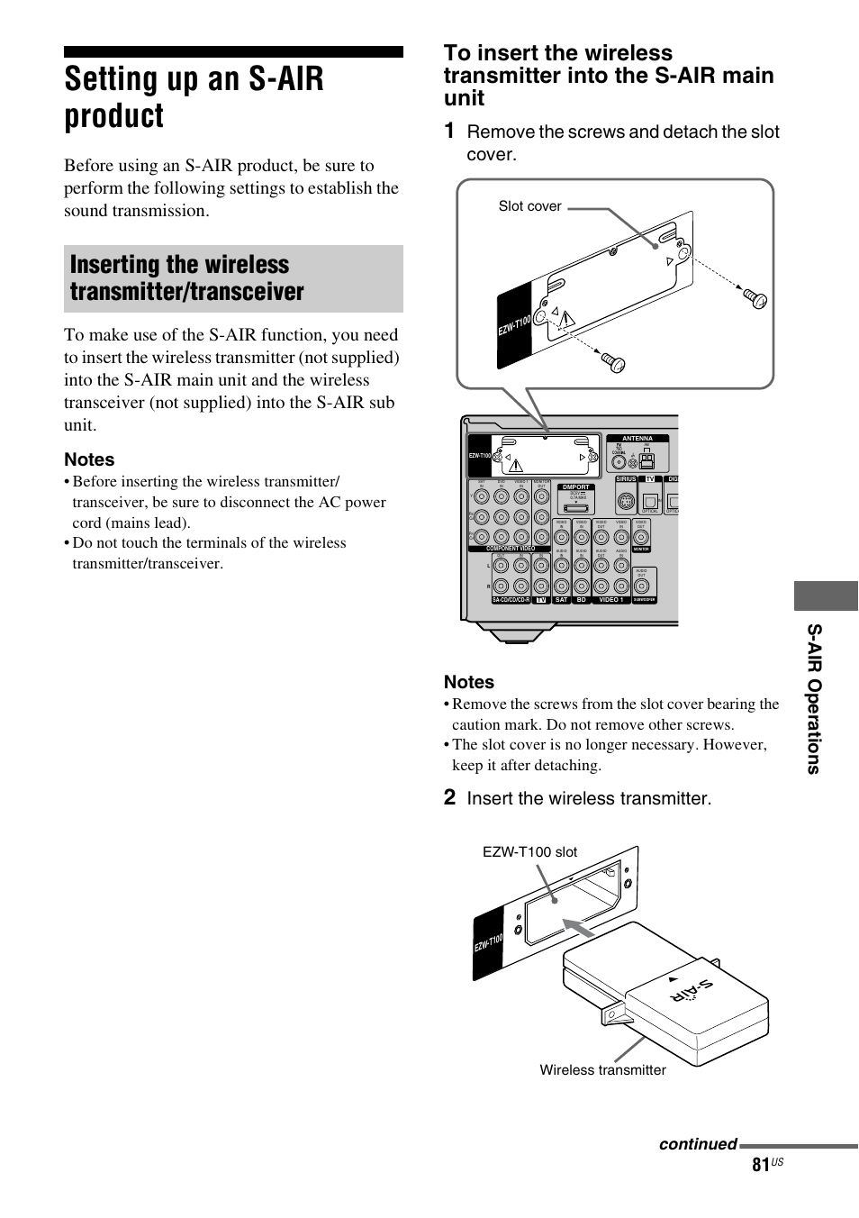 Setting up an s-air product, Inserting the wireless transmitter/transceiver, S-a ir op er ati ons | Insert the wireless transmitter, Continued, Slot cover, Wireless transmitter ezw-t100 slot | Sony STR-DH700 User Manual | Page 81 / 108