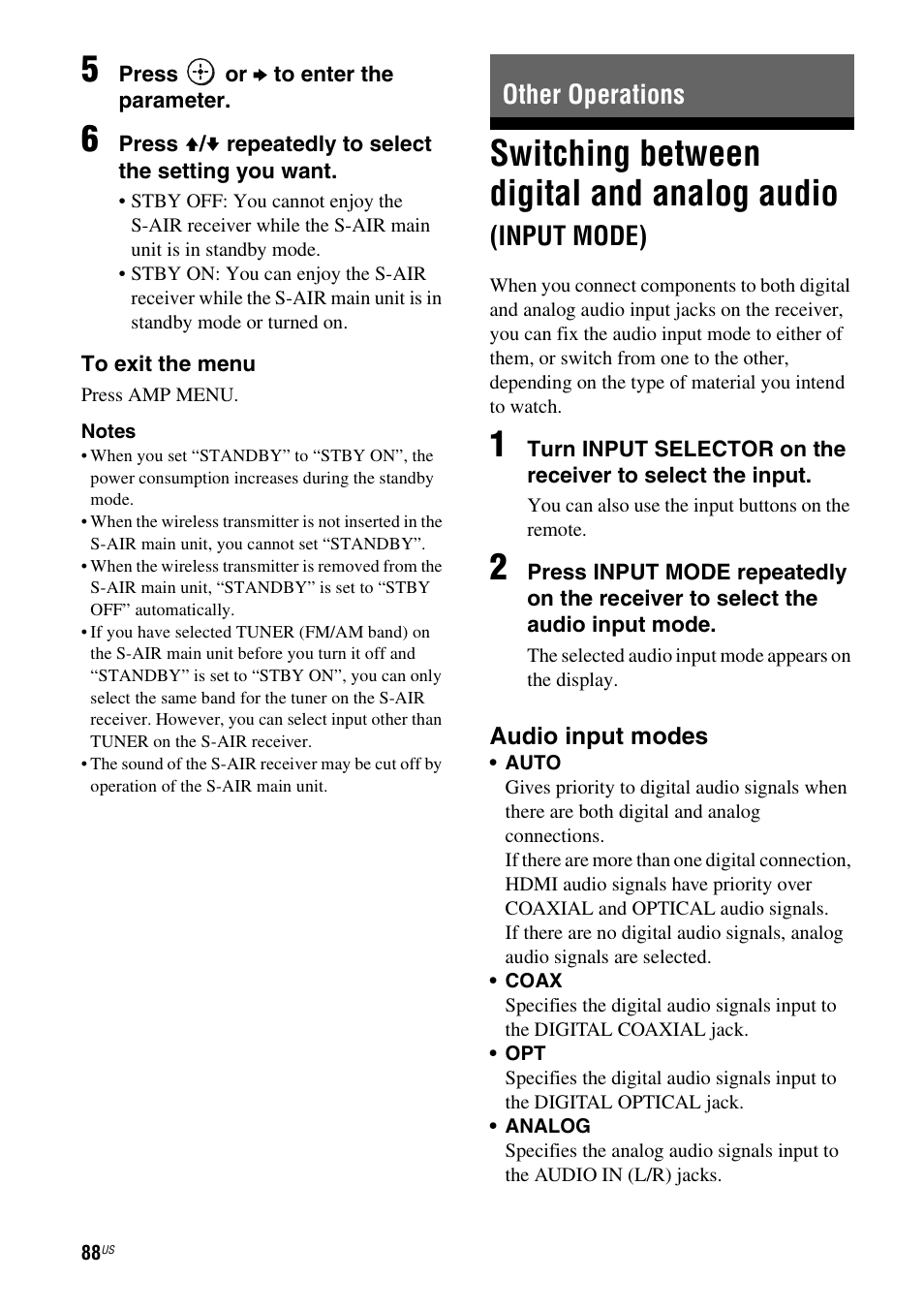 Other operations, Switching between digital and analog, Audio (input mode) | Switching between digital and analog audio, Input mode) | Sony STR-DH700 User Manual | Page 88 / 108