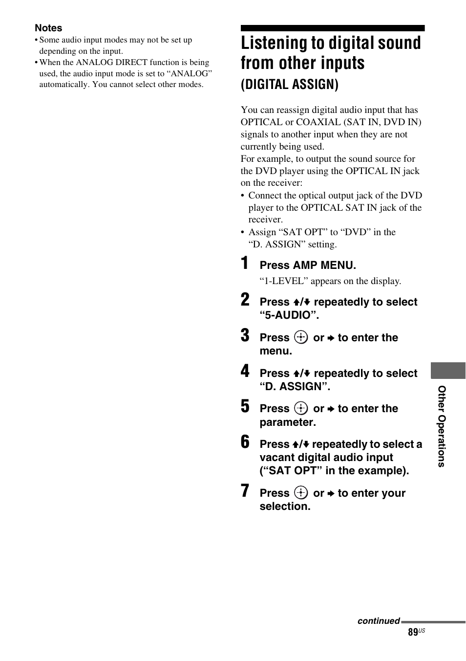 Listening to digital sound from other, Inputs (digital assign), Listening to digital sound from other inputs | Sony STR-DH700 User Manual | Page 89 / 108