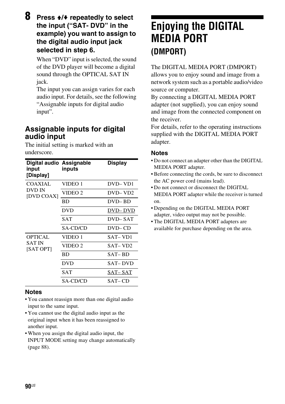 Enjoying the digital media port (dmport), Enjoying the digital media port, Dmport) | Assignable inputs for digital audio input | Sony STR-DH700 User Manual | Page 90 / 108