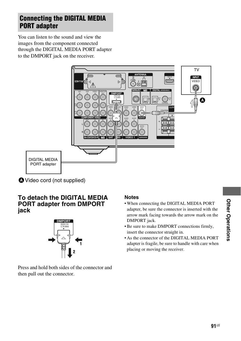 Connecting the digital media port adapter, Avideo cord (not supplied) a, Tv digital media port adapter | Sony STR-DH700 User Manual | Page 91 / 108