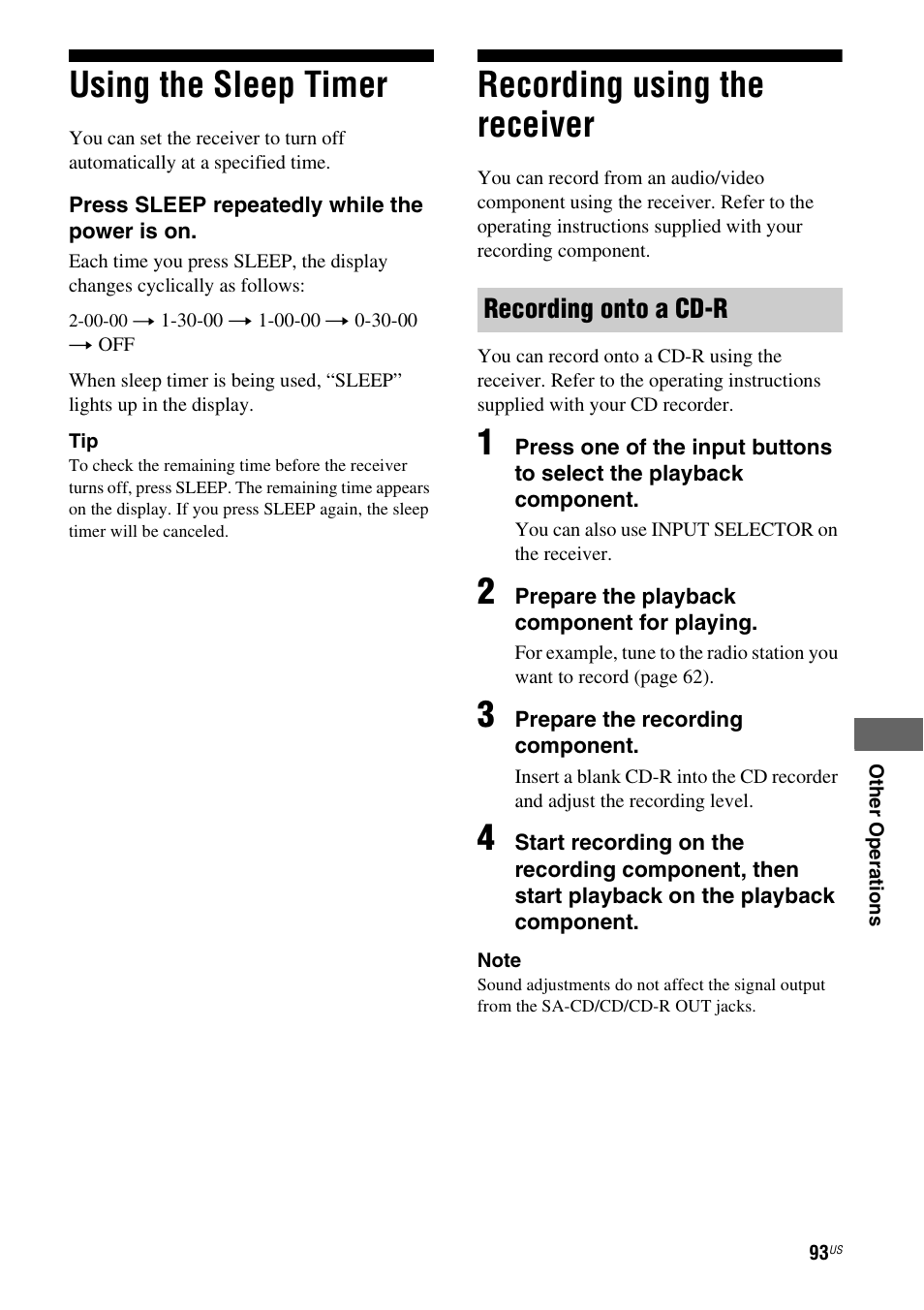 Using the sleep timer, Recording using the receiver, Using the sleep timer recording using the receiver | Recording onto a cd-r | Sony STR-DH700 User Manual | Page 93 / 108