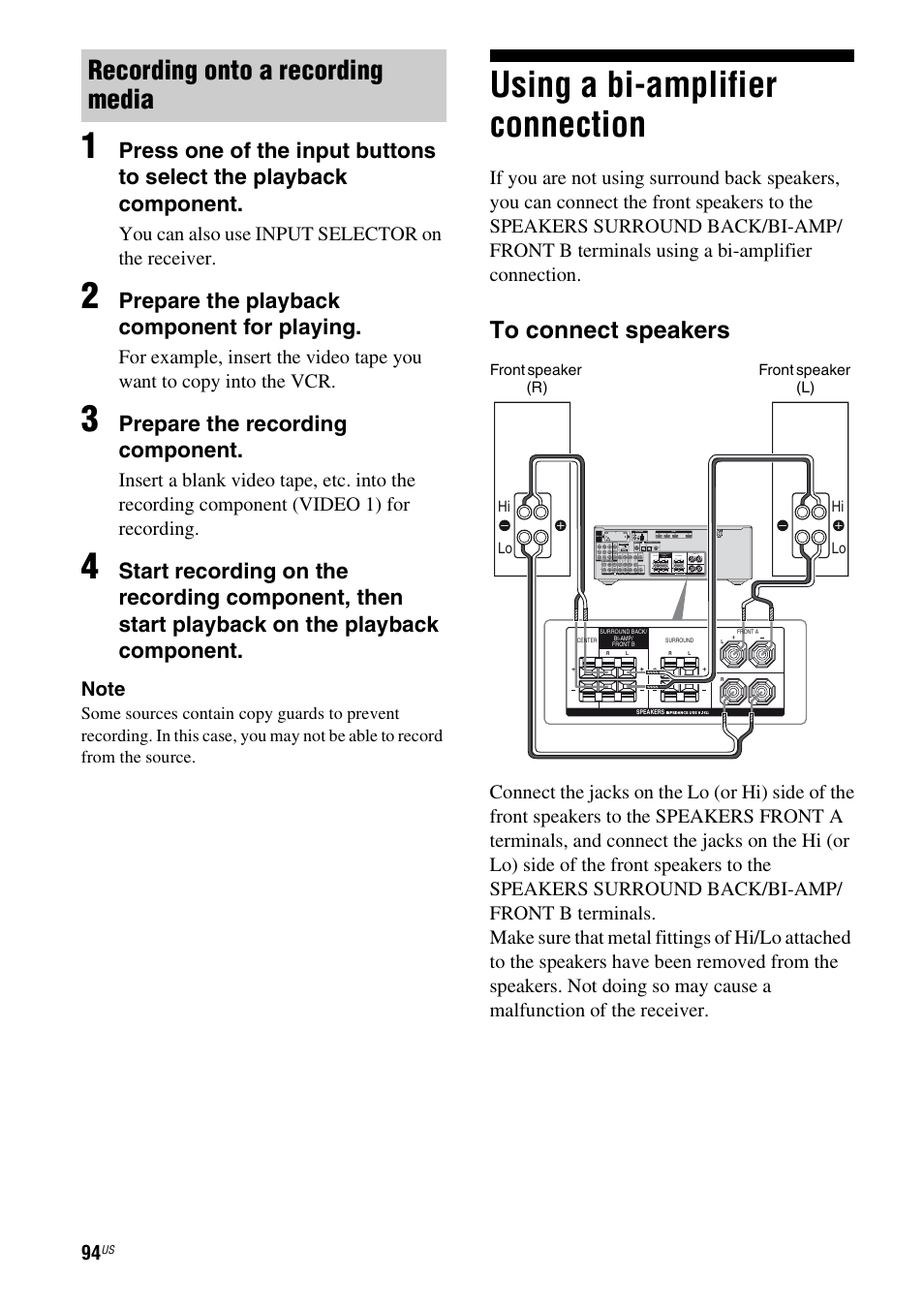 Using a bi-amplifier connection, Recording onto a recording media, Prepare the playback component for playing | Prepare the recording component, You can also use input selector on the receiver | Sony STR-DH700 User Manual | Page 94 / 108
