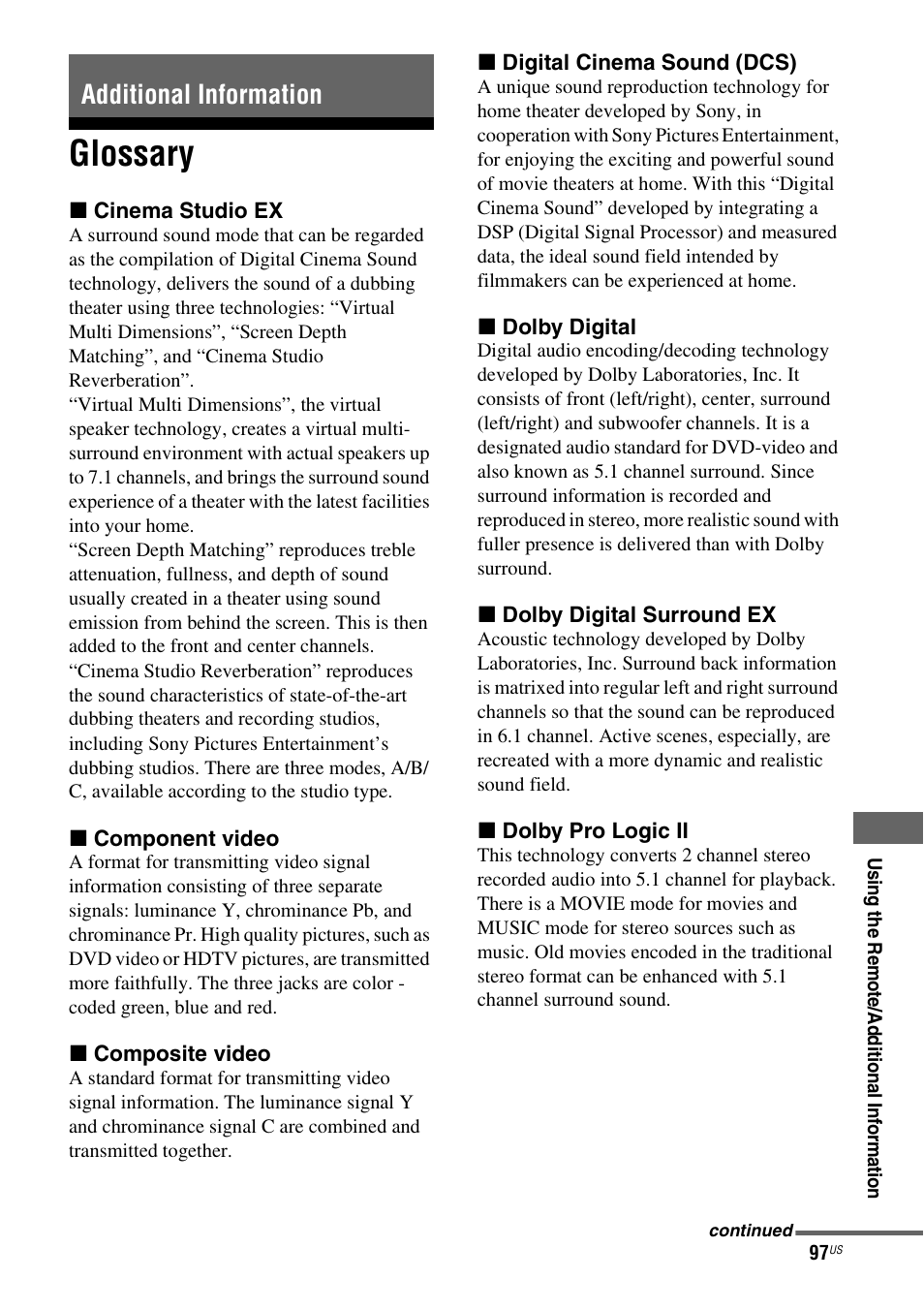 Additional information, Glossary | Sony STR-DH700 User Manual | Page 97 / 108