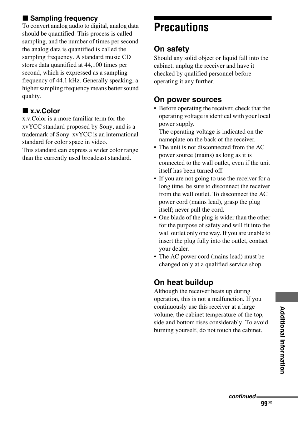 Precautions | Sony STR-DH700 User Manual | Page 99 / 108