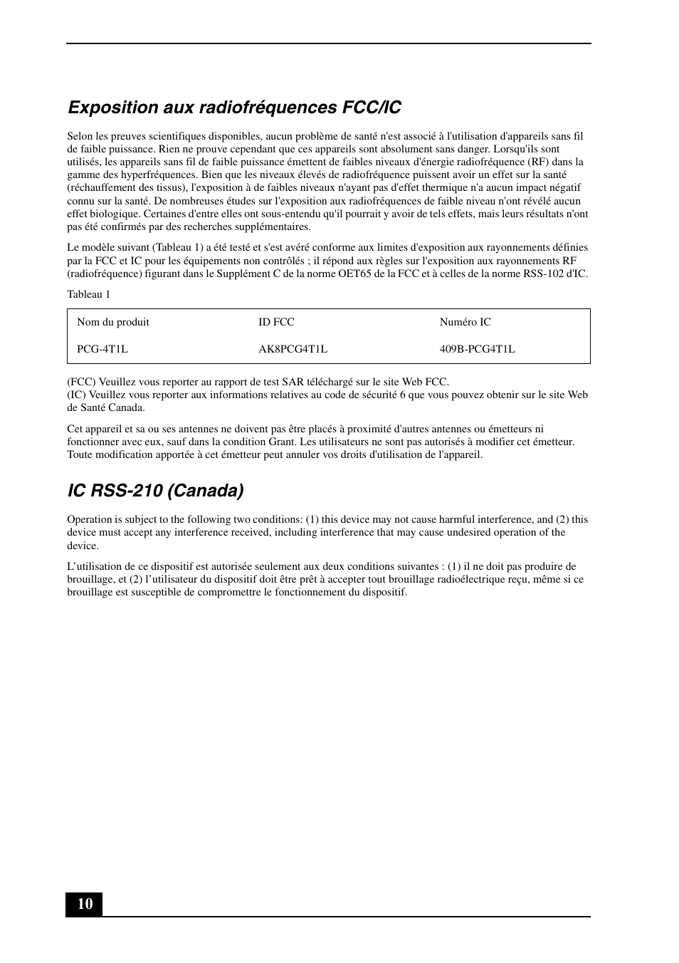 Exposition aux radiofréquences fcc/ic, Ic rss-210 (canada) | Sony VPCW111XX User Manual | Page 10 / 24