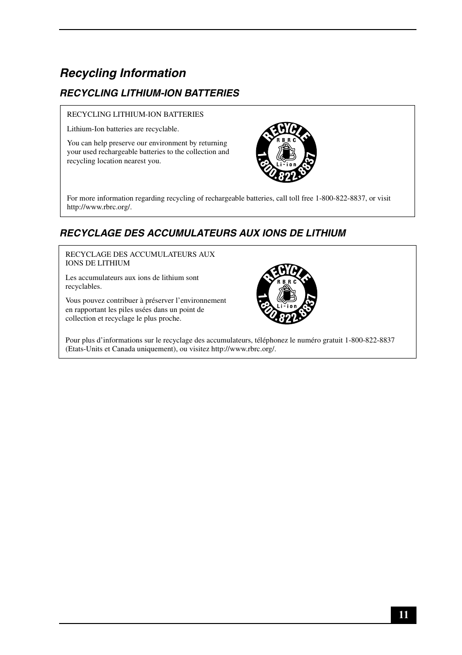 Recycling information | Sony VPCW111XX User Manual | Page 11 / 24
