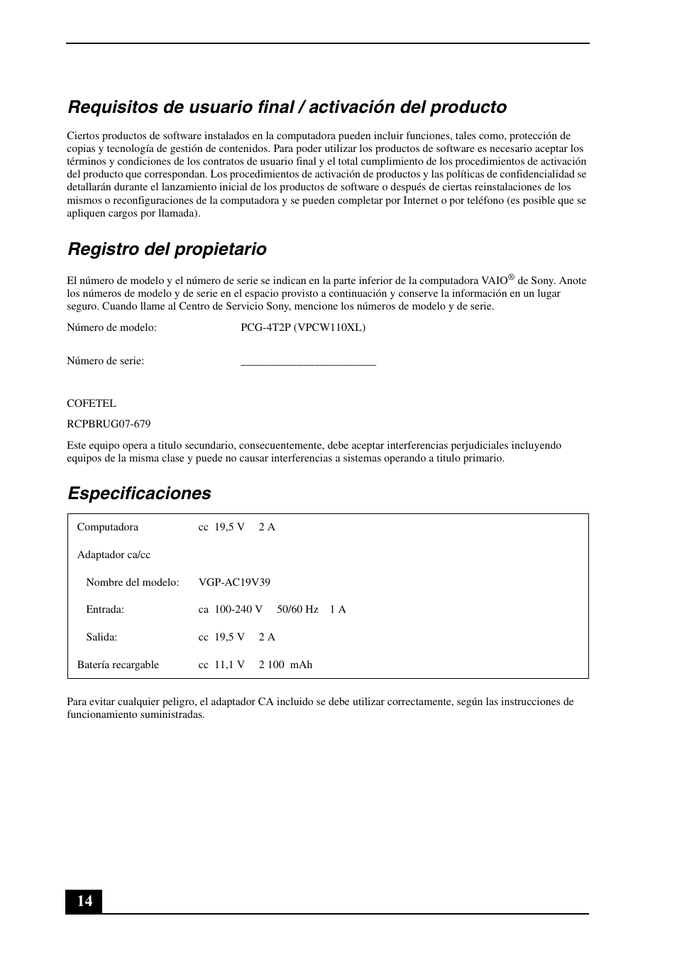 Registro del propietario, Especificaciones | Sony VPCW111XX User Manual | Page 14 / 24