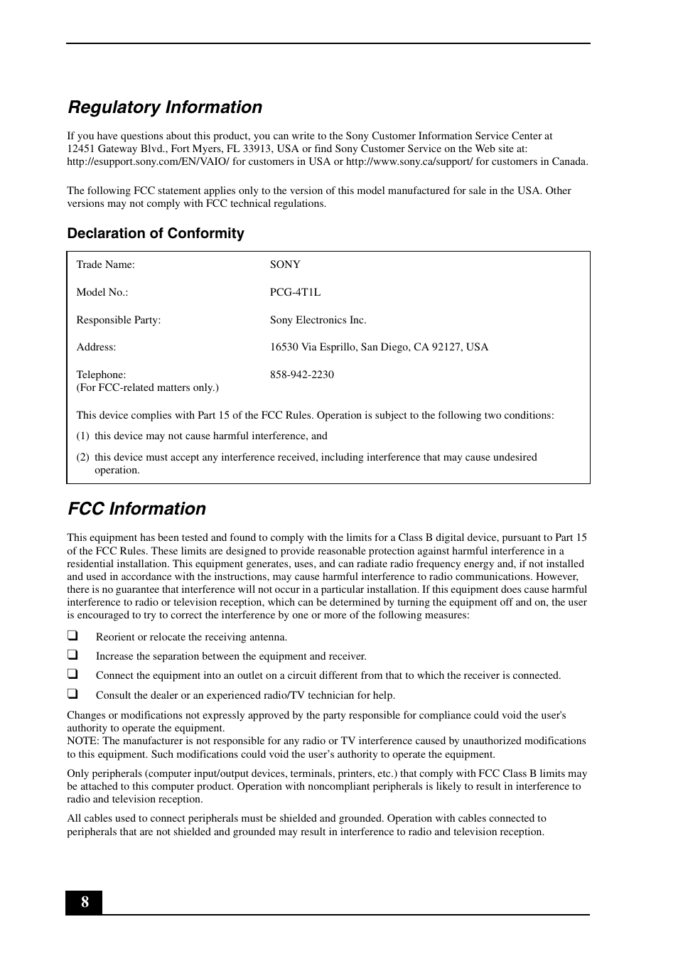 Regulatory information, Fcc information, Declaration of conformity | Sony VPCW111XX User Manual | Page 8 / 24