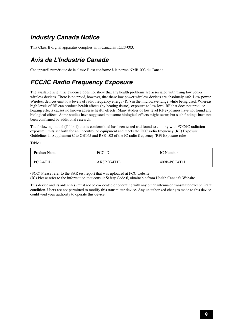 Industry canada notice, Avis de l’industrie canada, Fcc/ic radio frequency exposure | Sony VPCW111XX User Manual | Page 9 / 24