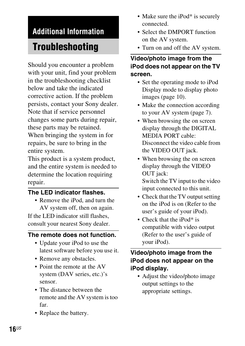 Additional information, Troubleshooting | Sony TDM-iP50 User Manual | Page 16 / 60