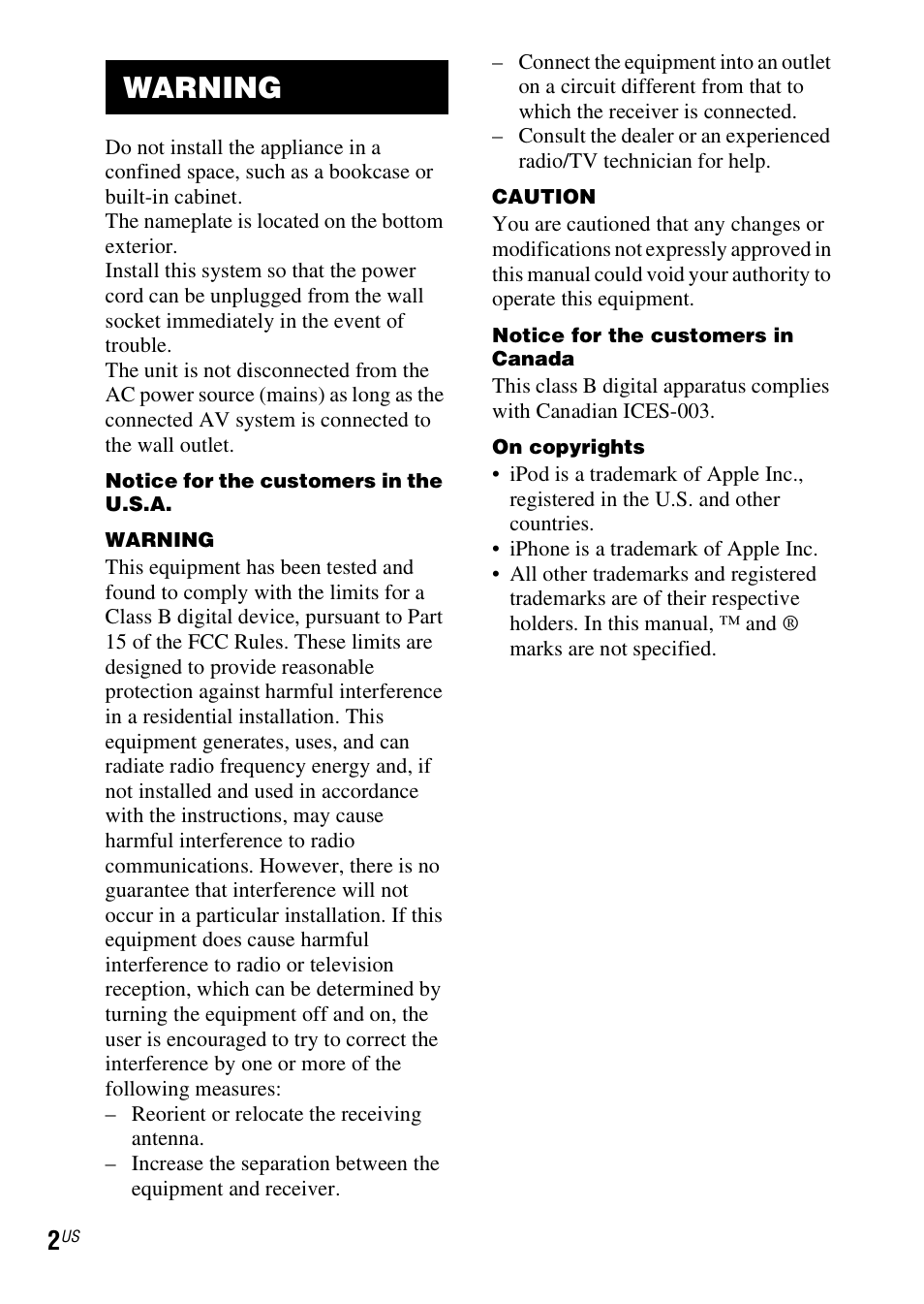 Warning | Sony TDM-iP50 User Manual | Page 2 / 60