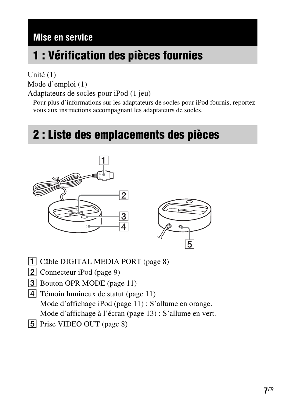 Mise en service, 1 : vérification des pièces fournies, 2 : liste des emplacements des pièces | 1 : vérification des pièces, Fournies, 2 : liste des emplacements, Des pièces | Sony TDM-iP50 User Manual | Page 25 / 60