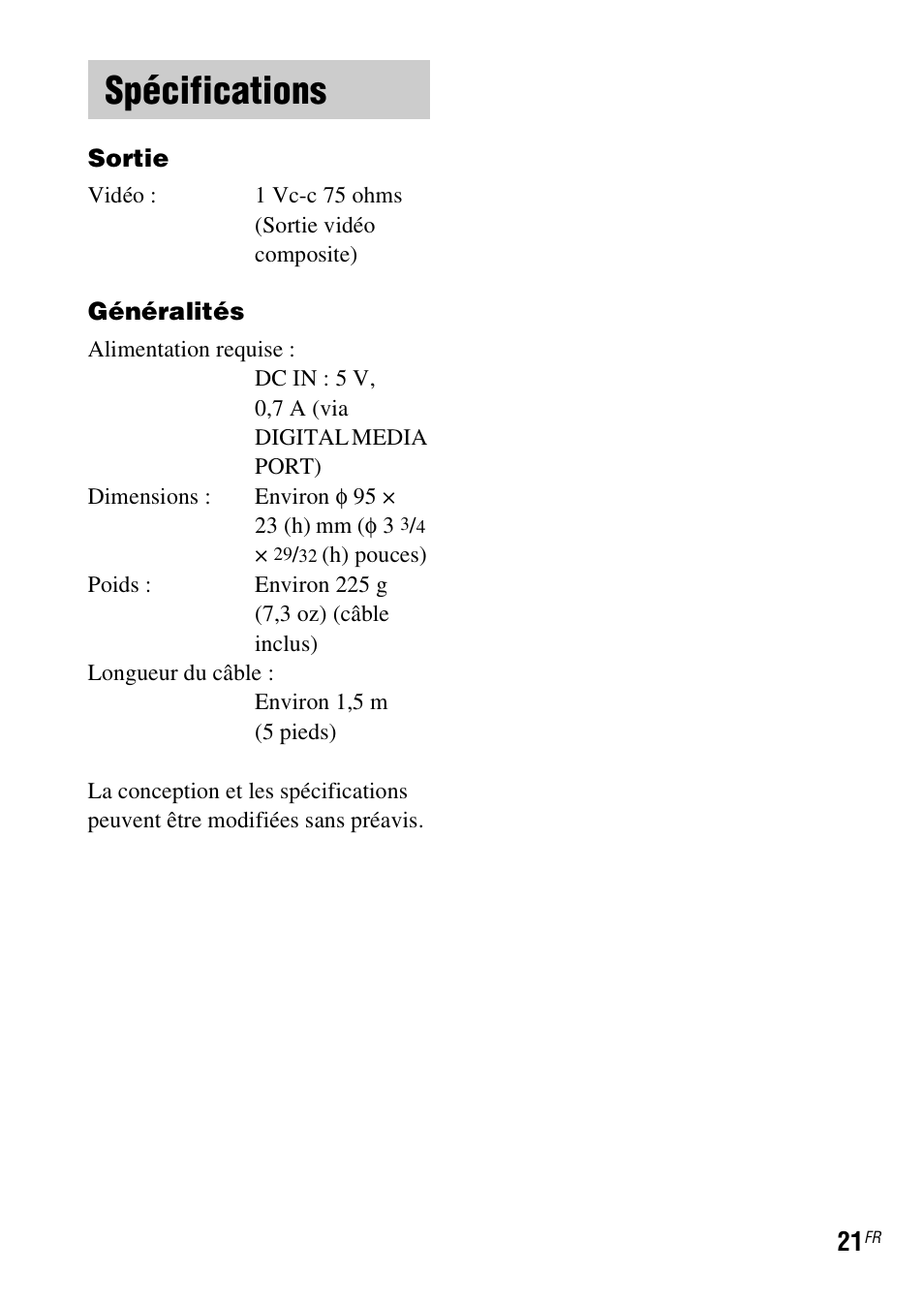 Spécifications | Sony TDM-iP50 User Manual | Page 39 / 60