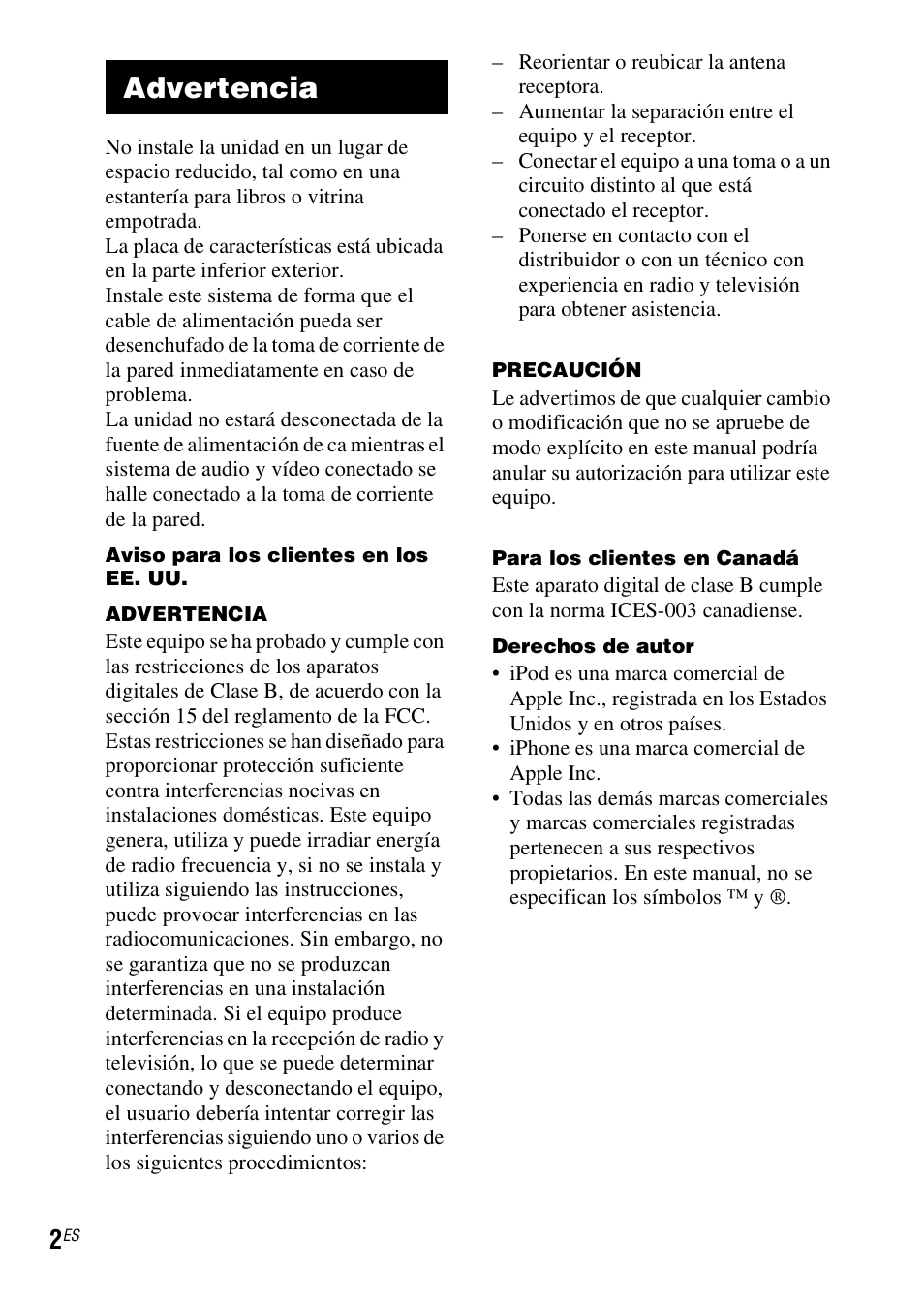 Advertencia | Sony TDM-iP50 User Manual | Page 40 / 60