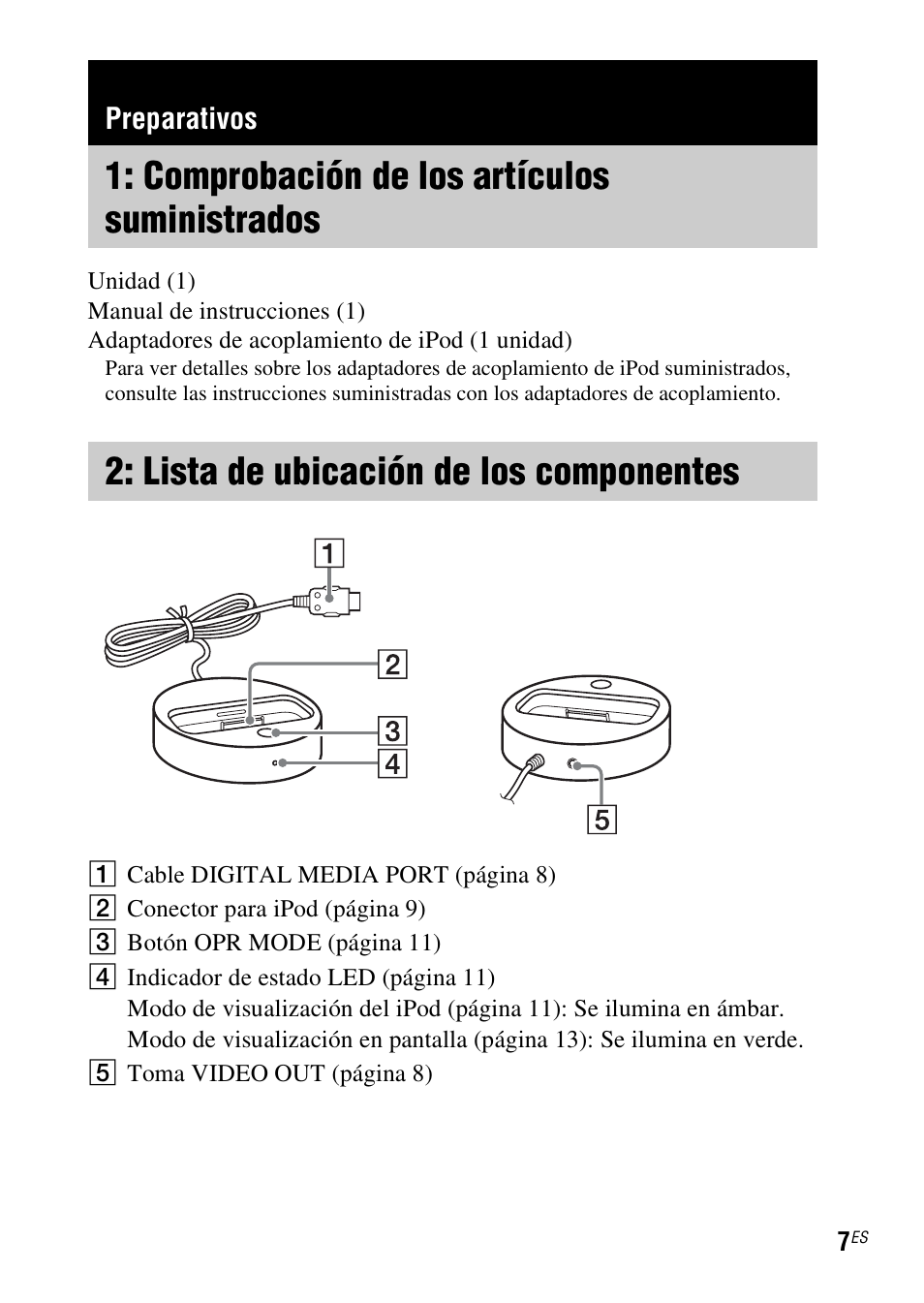 Preparativos, Comprobación de los artículos suministrados, Lista de ubicación de los componentes | Comprobación de los, Artículos suministrados, Lista de ubicación de los, Componentes | Sony TDM-iP50 User Manual | Page 45 / 60