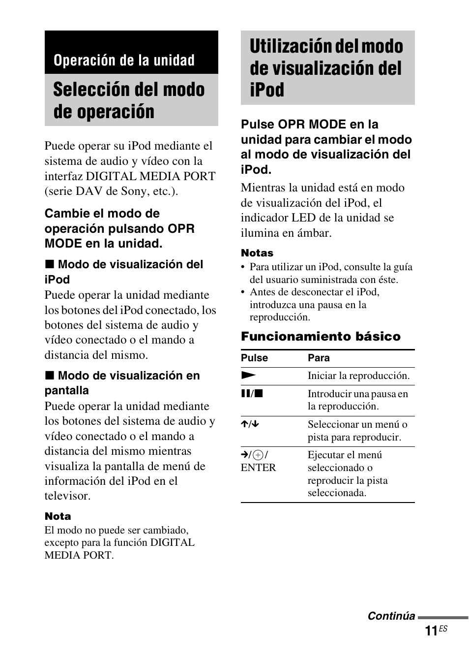 Operación de la unidad, Selección del modo de operación, Utilización del modo de visualización del ipod | Selección del modo de, Operación, Utilización del modo de, Visualización del ipod | Sony TDM-iP50 User Manual | Page 49 / 60