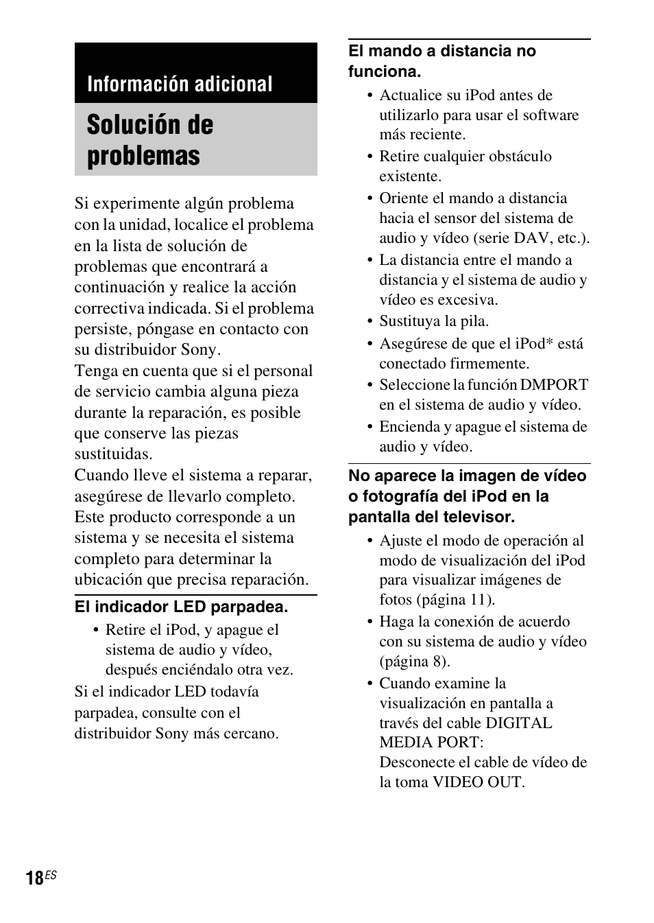 Información adicional, Solución de problemas | Sony TDM-iP50 User Manual | Page 56 / 60