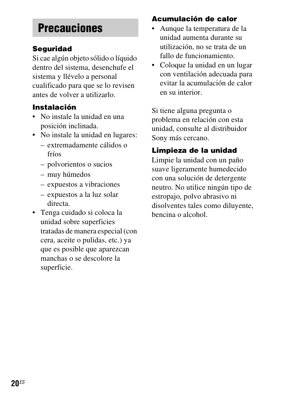 Precauciones | Sony TDM-iP50 User Manual | Page 58 / 60