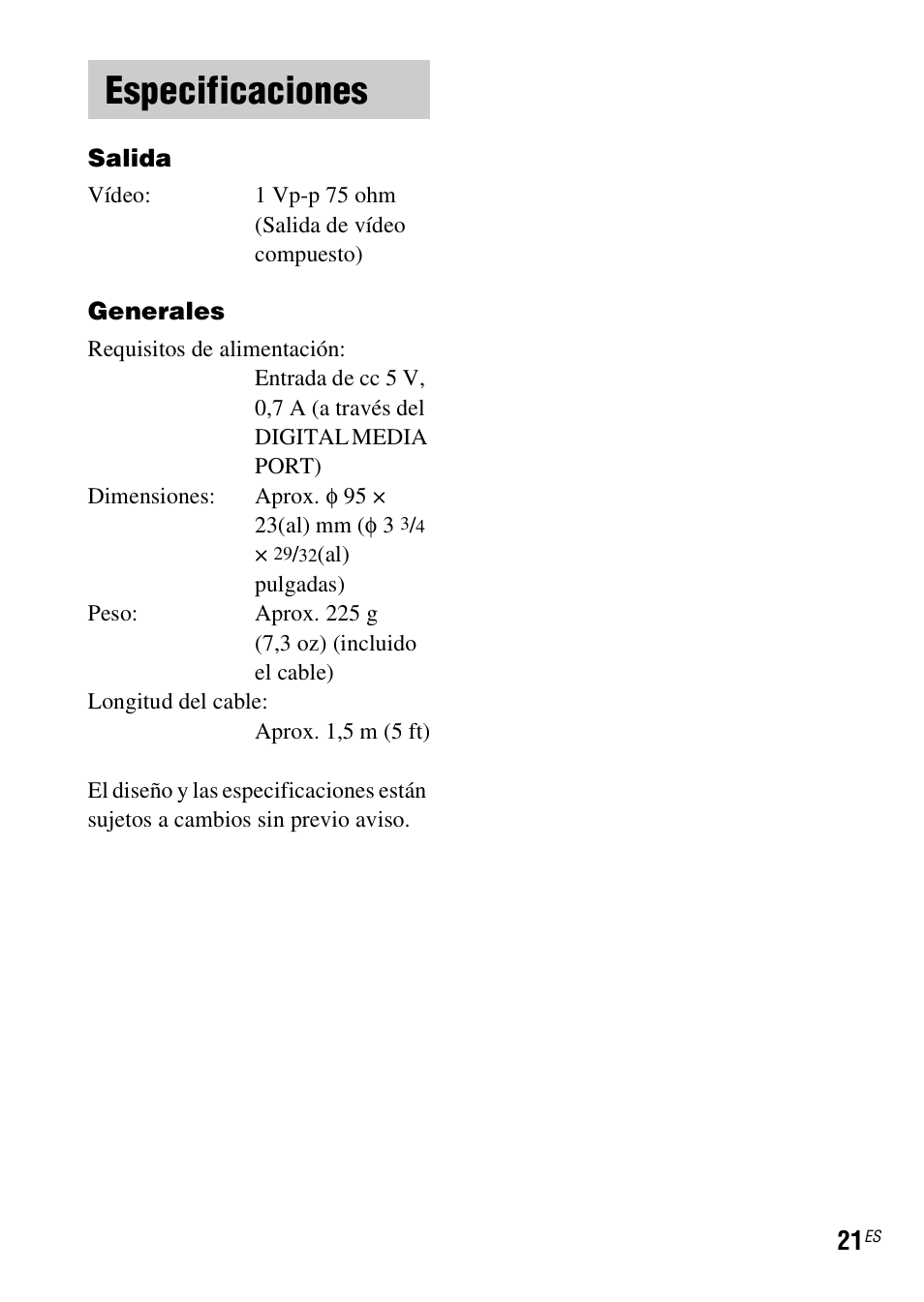 Especificaciones | Sony TDM-iP50 User Manual | Page 59 / 60
