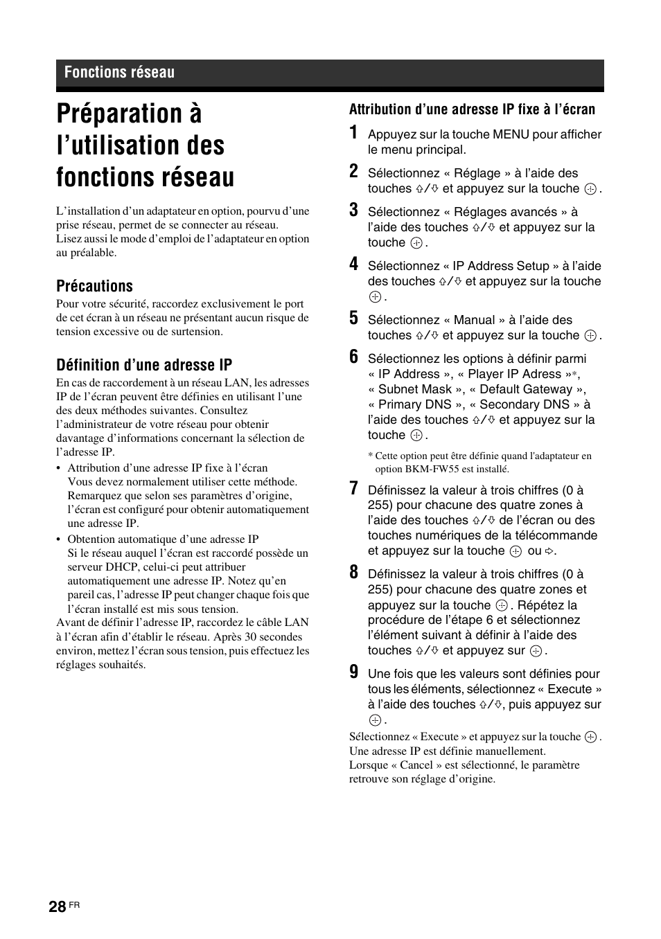 Fonctions réseau, Préparation à l’utilisation des fonctions réseau | Sony FWD-S42E1 User Manual | Page 106 / 255