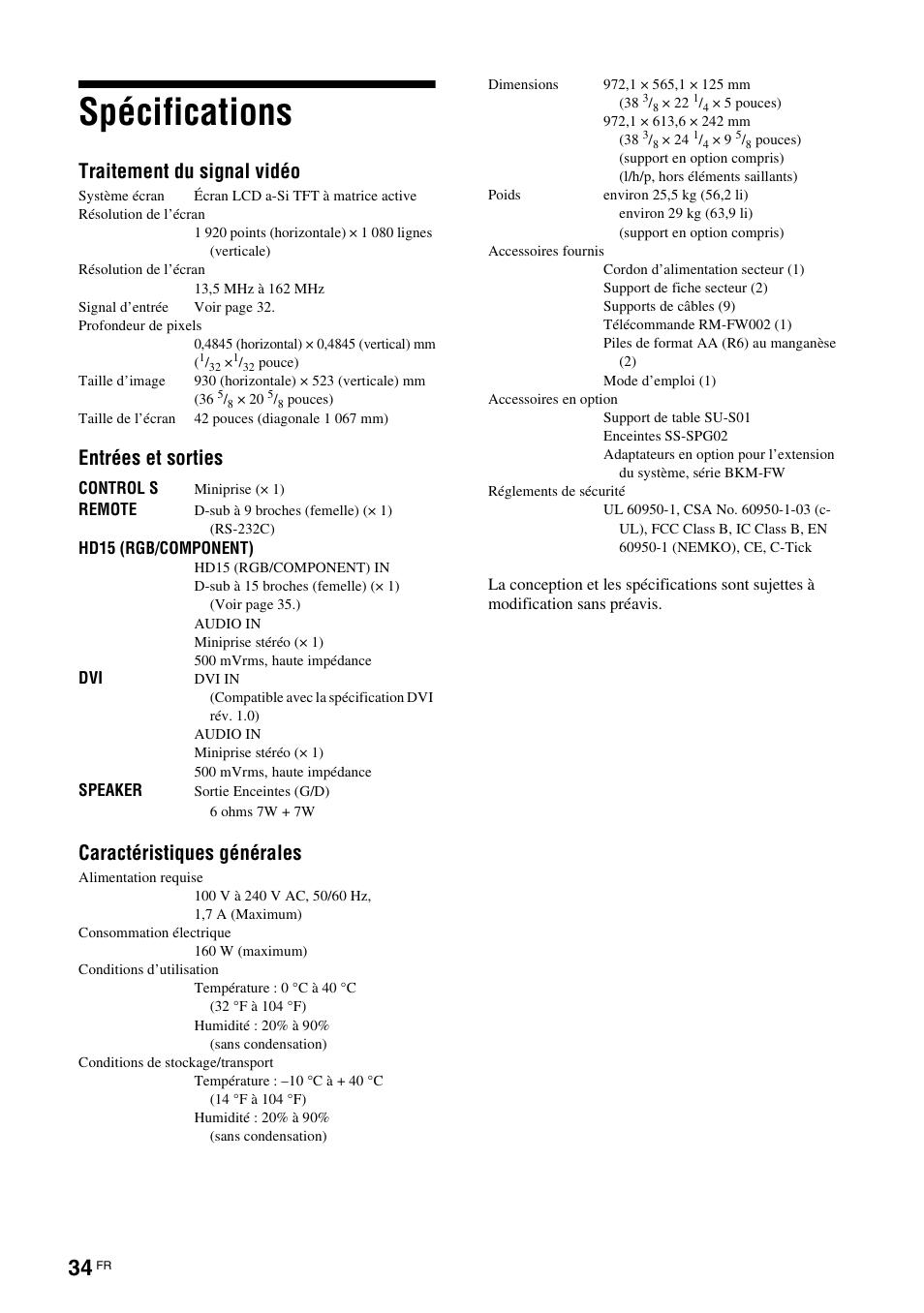 Spécifications, Traitement du signal vidéo, Entrées et sorties | Caractéristiques générales | Sony FWD-S42E1 User Manual | Page 112 / 255