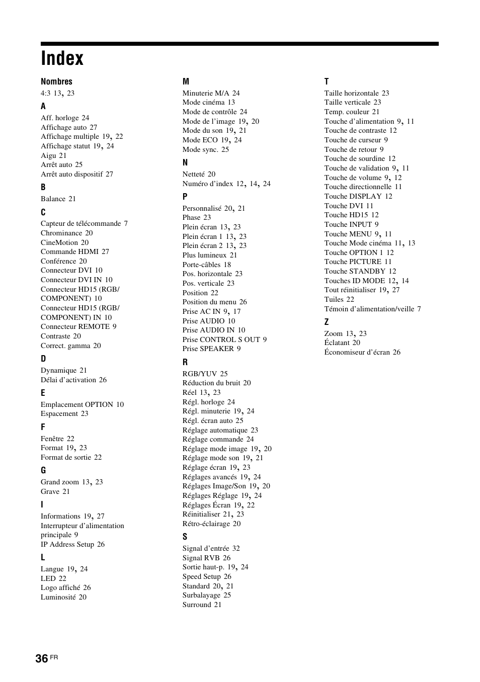 Index | Sony FWD-S42E1 User Manual | Page 114 / 255