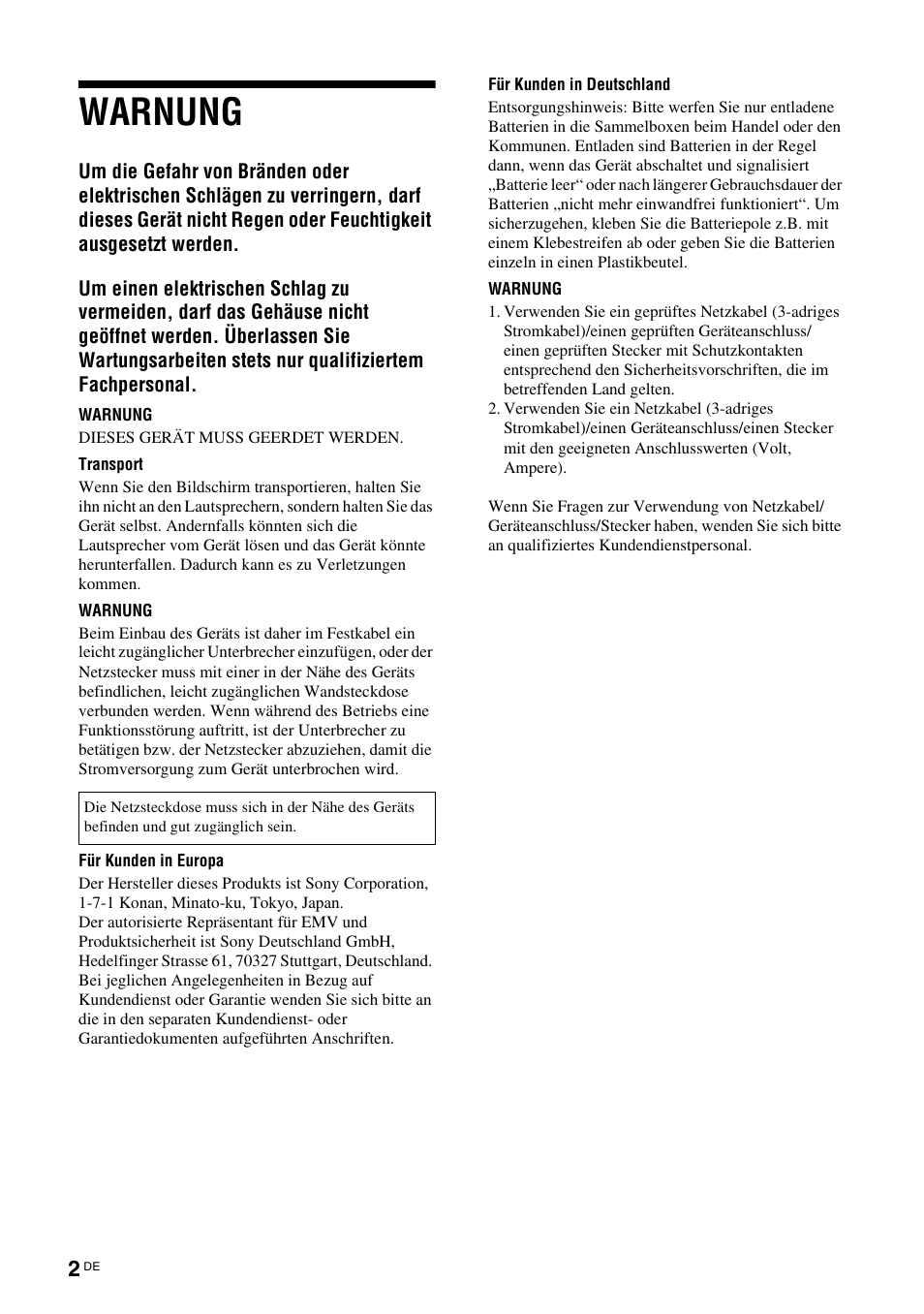 Warnung | Sony FWD-S42E1 User Manual | Page 116 / 255