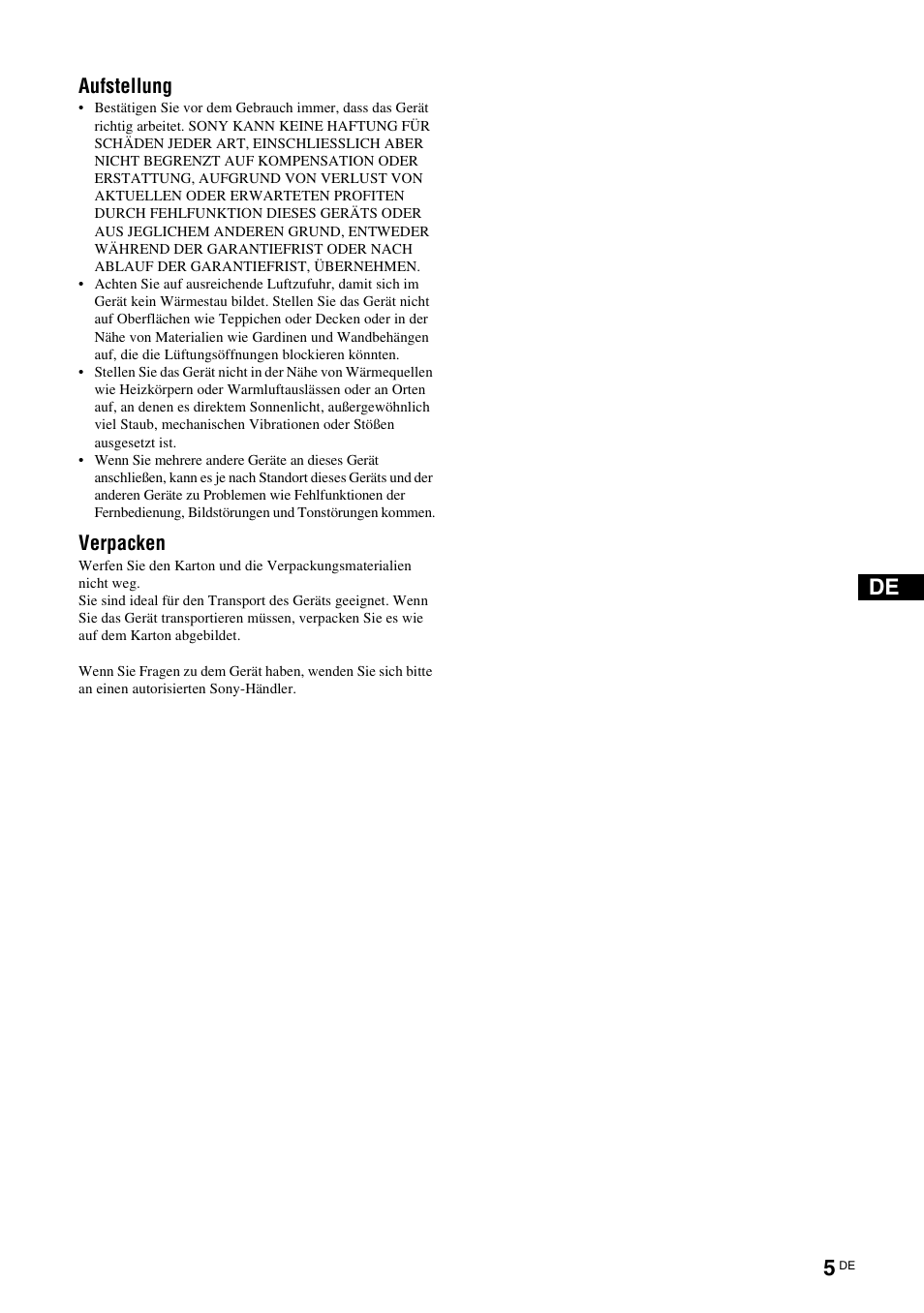 Aufstellung, Verpacken | Sony FWD-S42E1 User Manual | Page 119 / 255