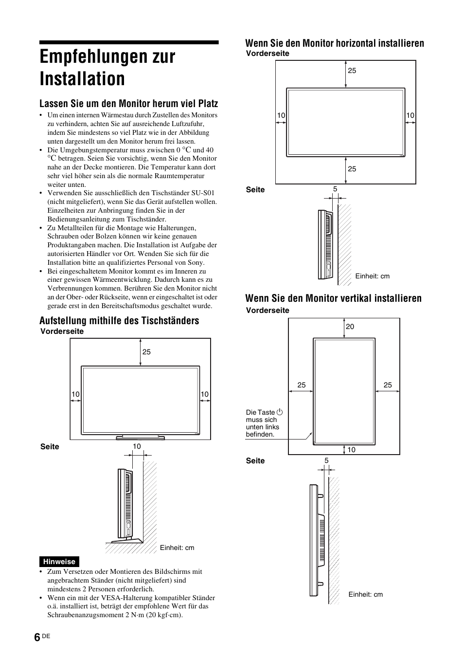 Empfehlungen zur installation, Lassen sie um den monitor herum viel platz, Aufstellung mithilfe des tischständers | Sony FWD-S42E1 User Manual | Page 120 / 255