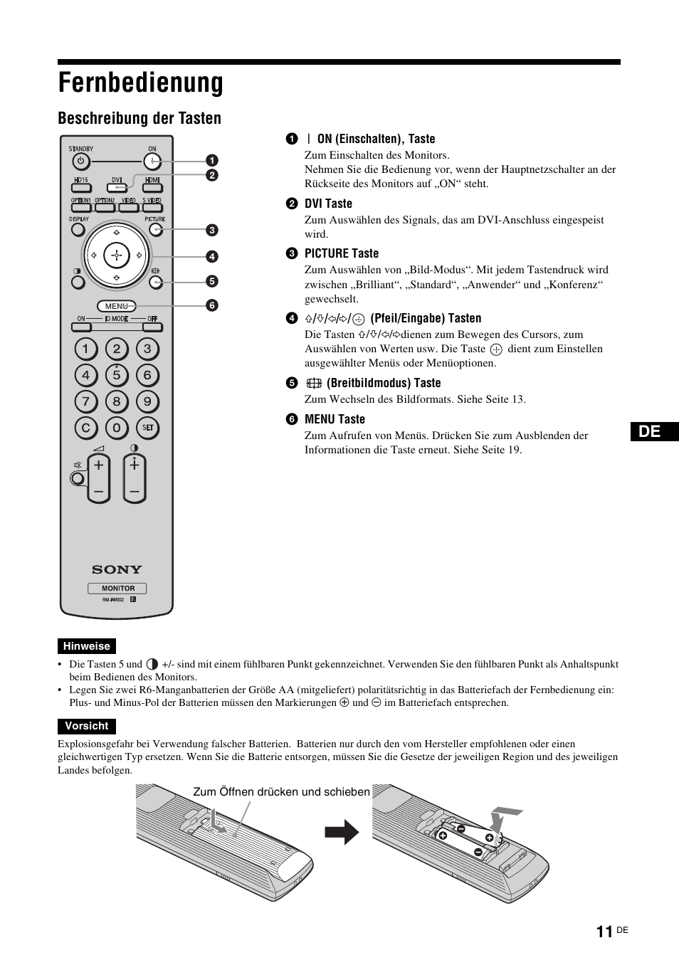 Fernbedienung, Beschreibung der tasten | Sony FWD-S42E1 User Manual | Page 125 / 255