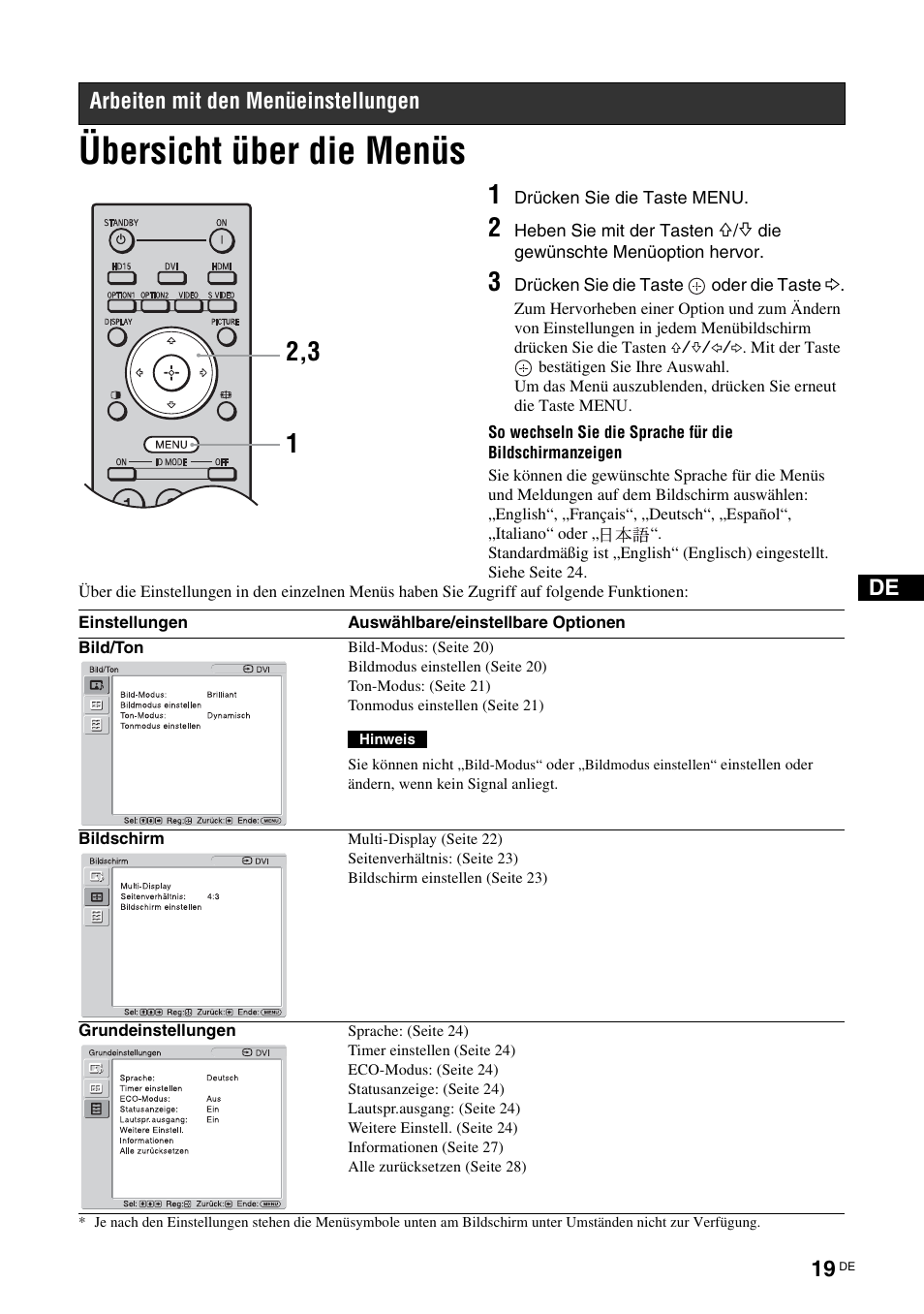 Arbeiten mit den menüeinstellungen, Übersicht über die menüs | Sony FWD-S42E1 User Manual | Page 133 / 255