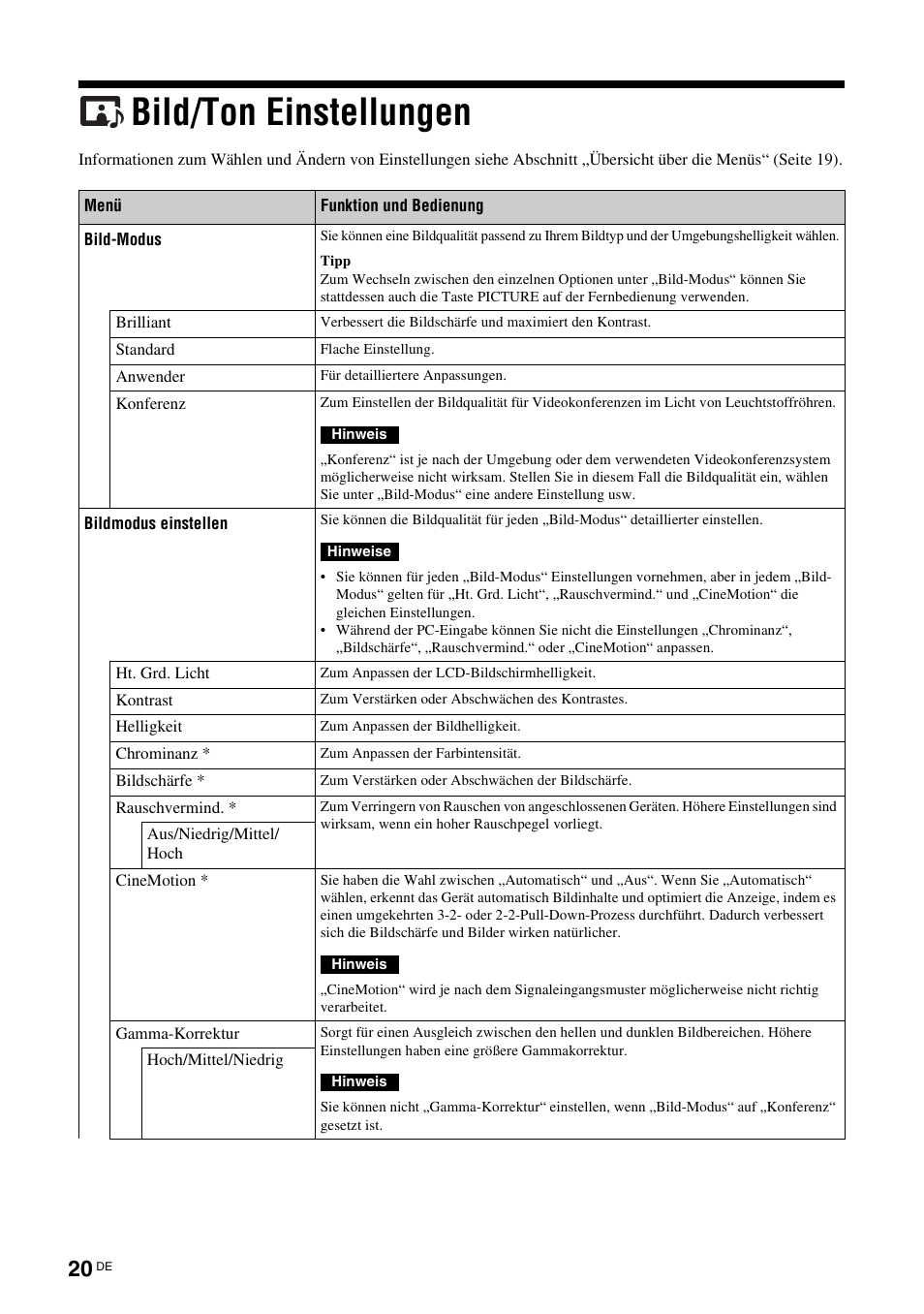Bild/ton einstellungen, Seite 20), Seite 20 | Sony FWD-S42E1 User Manual | Page 134 / 255