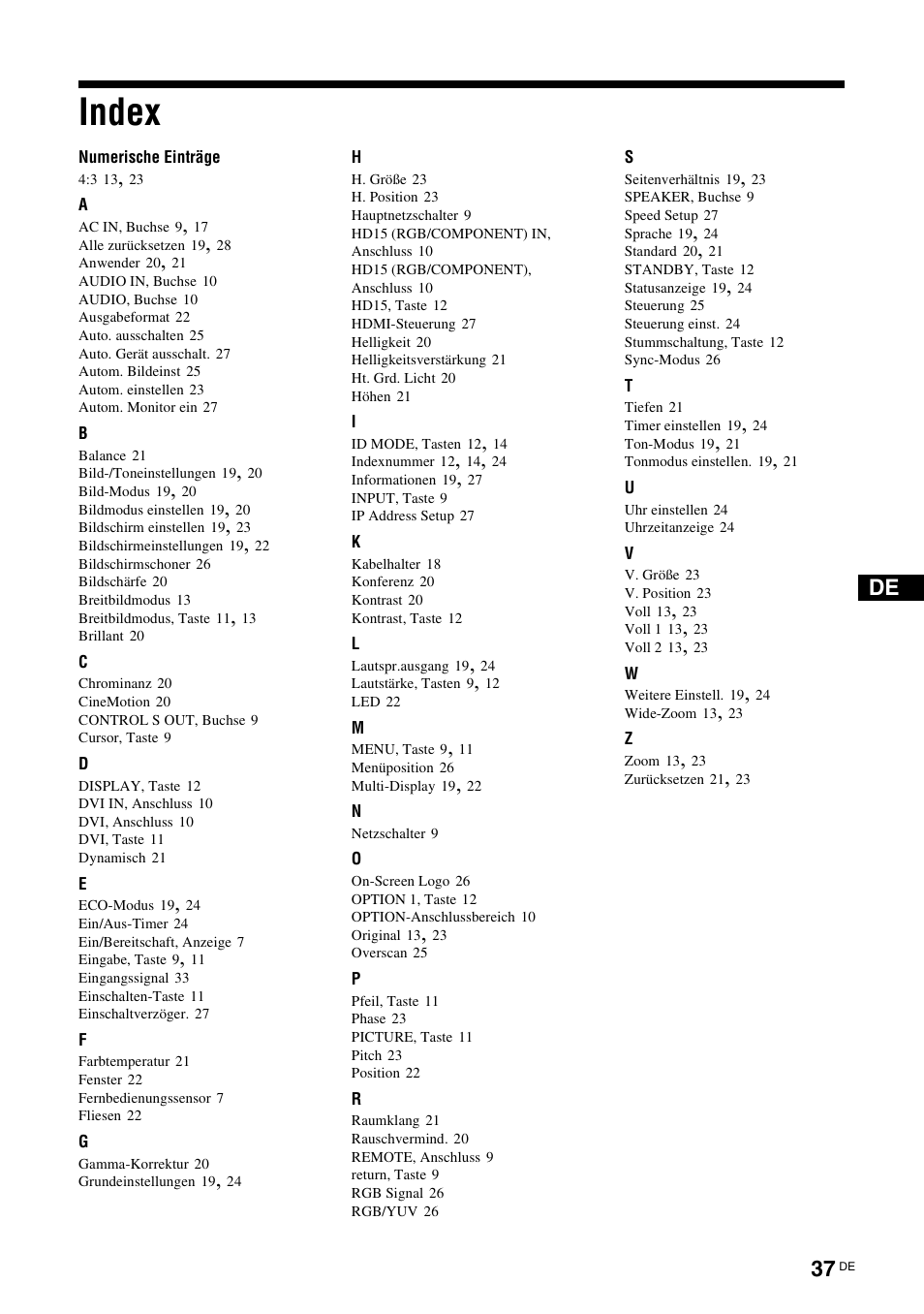 Index | Sony FWD-S42E1 User Manual | Page 151 / 255