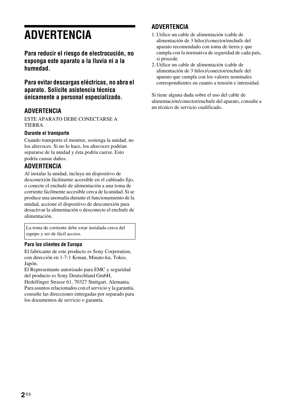 Advertencia | Sony FWD-S42E1 User Manual | Page 152 / 255