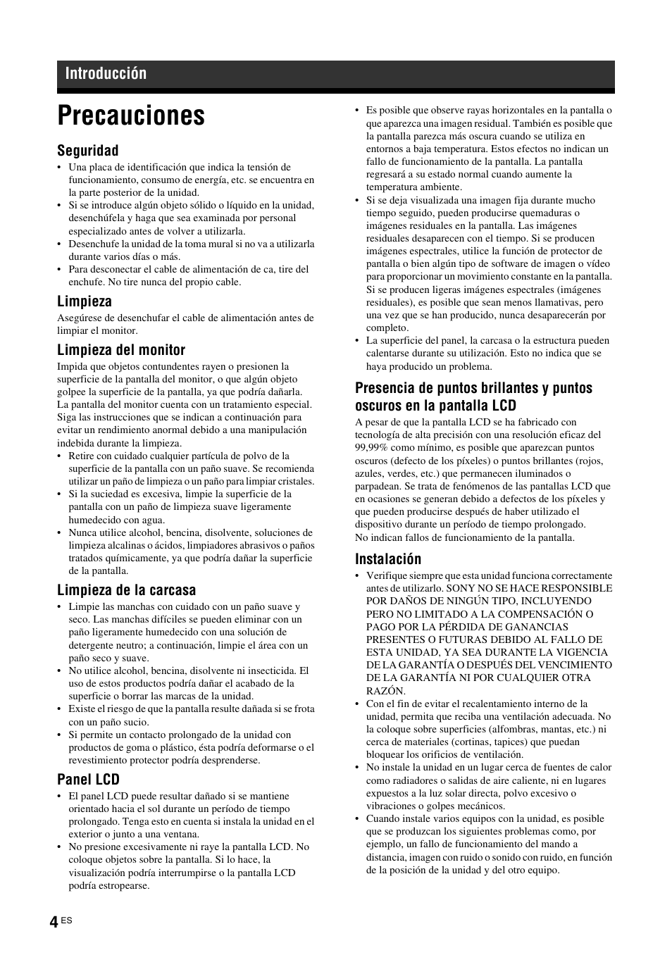 Introducción, Precauciones, Seguridad | Limpieza, Limpieza del monitor, Limpieza de la carcasa, Panel lcd, Instalación | Sony FWD-S42E1 User Manual | Page 154 / 255