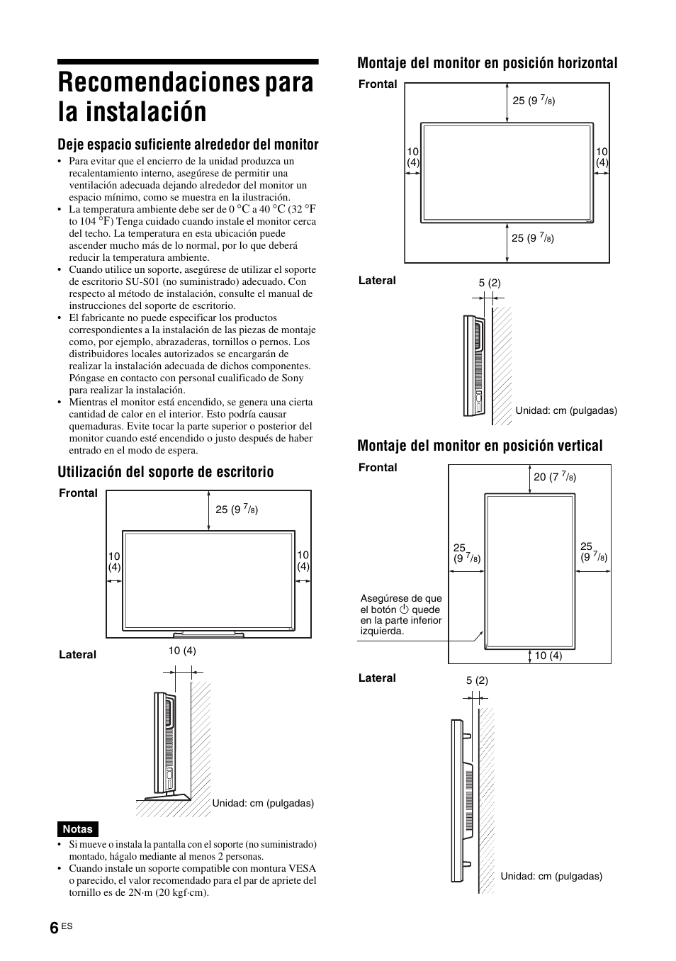 Recomendaciones para la instalación, Deje espacio suficiente alrededor del monitor, Utilización del soporte de escritorio | Sony FWD-S42E1 User Manual | Page 156 / 255
