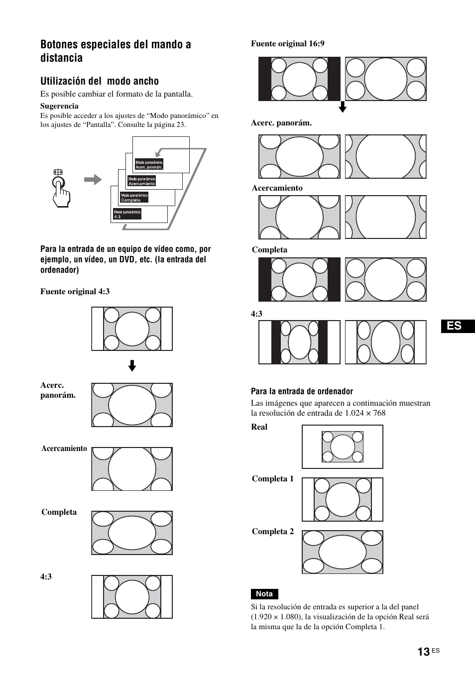 Botones especiales del mando a distancia, Utilización del modo ancho, Es botones especiales del mando a distancia | Sony FWD-S42E1 User Manual | Page 163 / 255