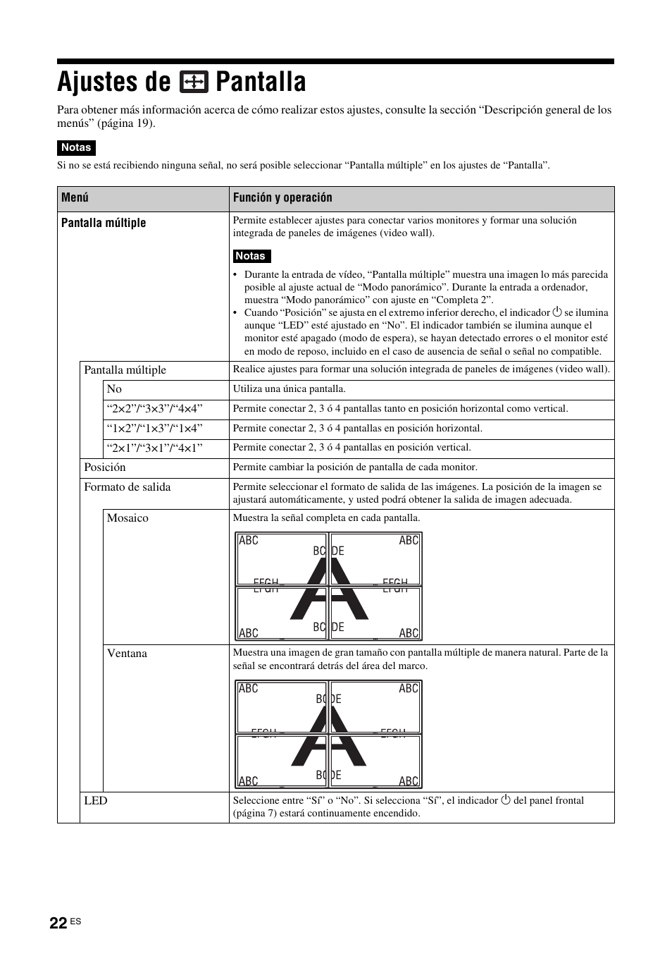 Ajustes de pantalla | Sony FWD-S42E1 User Manual | Page 172 / 255