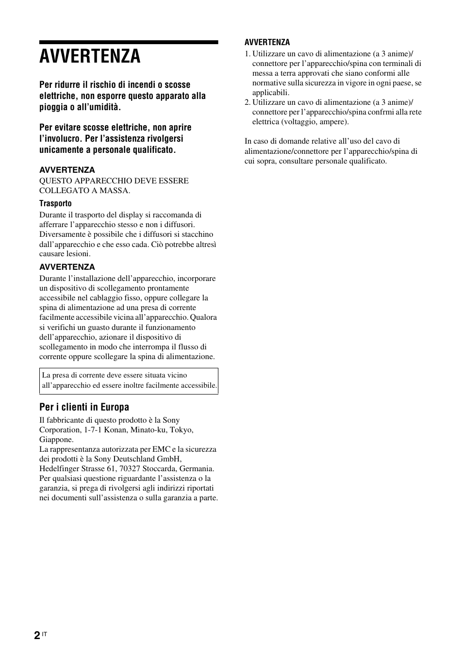 Avvertenza | Sony FWD-S42E1 User Manual | Page 188 / 255