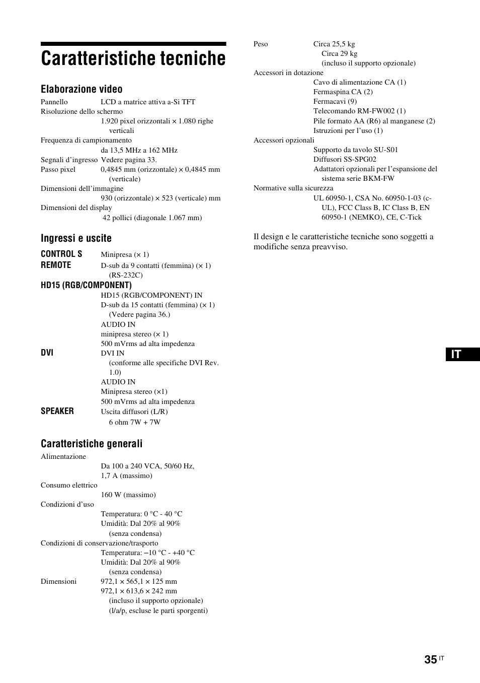 Caratteristiche tecniche, Elaborazione video, Ingressi e uscite | Caratteristiche generali | Sony FWD-S42E1 User Manual | Page 221 / 255