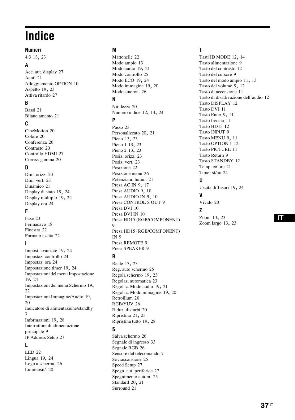 Indice | Sony FWD-S42E1 User Manual | Page 223 / 255