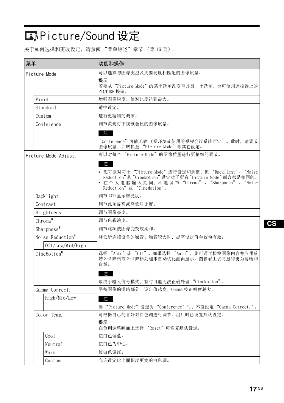 Picture/sound设定, Picture/sound 设定, 第 17 页 | Sony FWD-S42E1 User Manual | Page 239 / 255