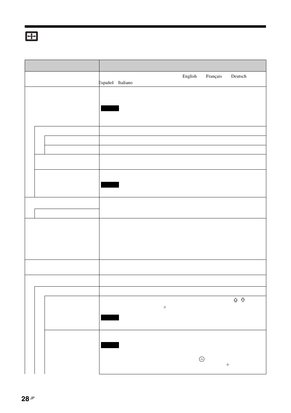 設定メニュー, 28 ページをご覧ください, 28 ページ） タイマー設定（28 ページ | モード（28 ページ, 28 ページ, 詳細設定（28 ページ | Sony FWD-S42E1 User Manual | Page 28 / 255