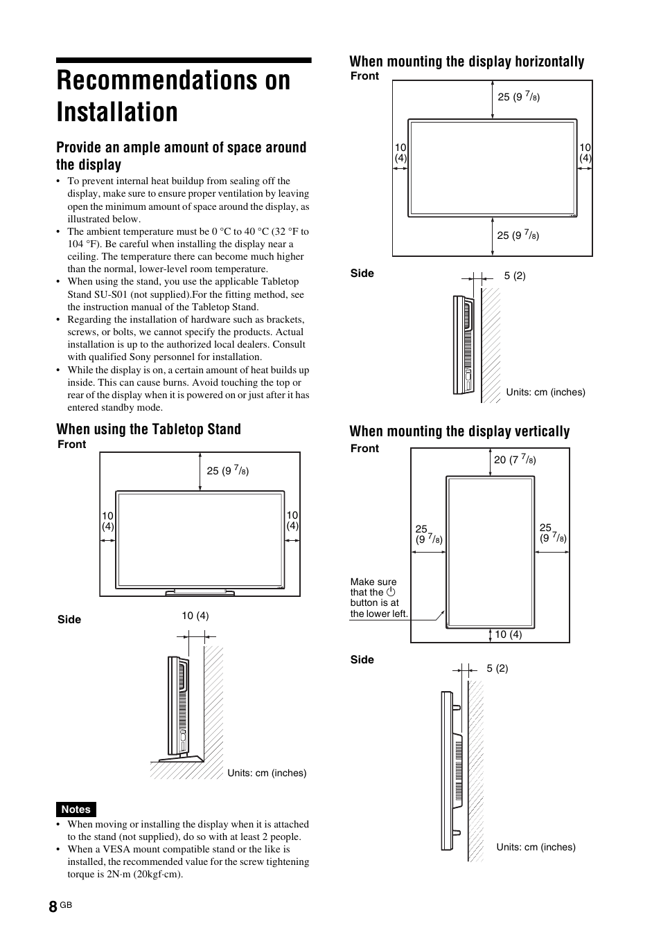 Recommendations on installation, When using the tabletop stand | Sony FWD-S42E1 User Manual | Page 48 / 255